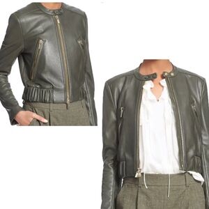 Diane Von Furstenberg green buckley leather biker moto jacket in Deep Lichen S